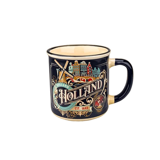 Small blue vintage mug with Holland city ornaments windmills and canal houses