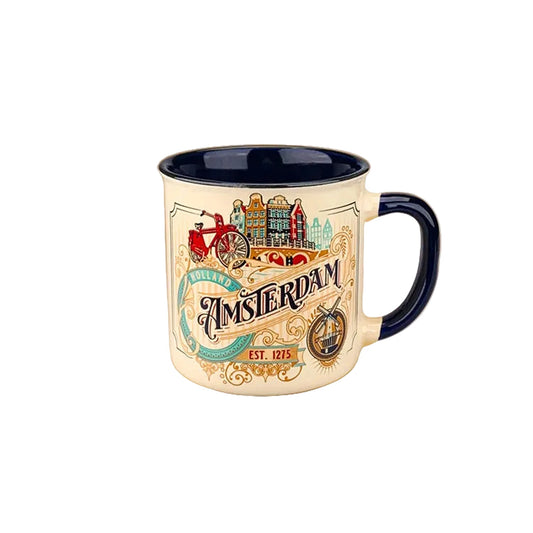 Small yellow vintage mug with Amsterdam city ornaments compact gift mug
