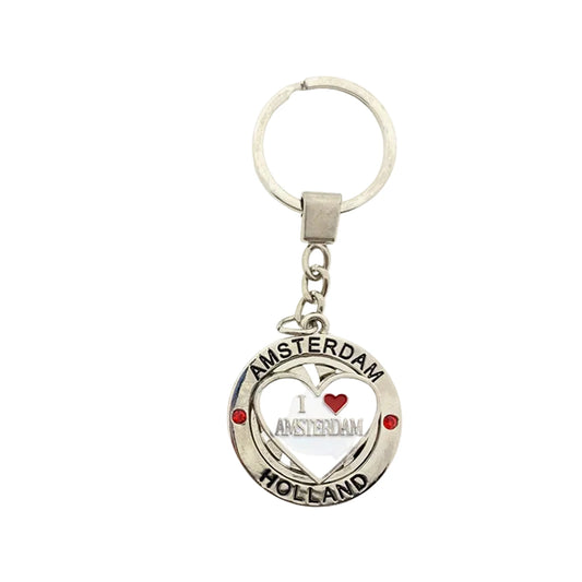 White metal spinner keychain with I Love Amsterdam design compact souvenir