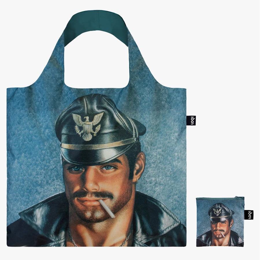 Foldable tote bag with a graphic of a man in a leather jacket and hat on a blue background.