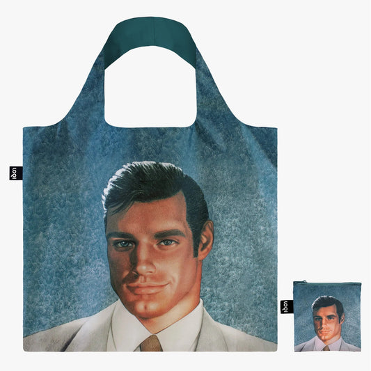 Tote bag with a portrait of a man on a textured blue background