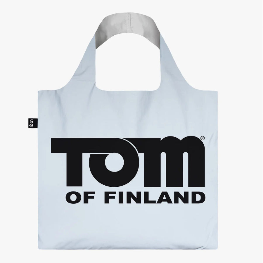 Light blue tote bag with 'Tom of Finland' logo on a white background