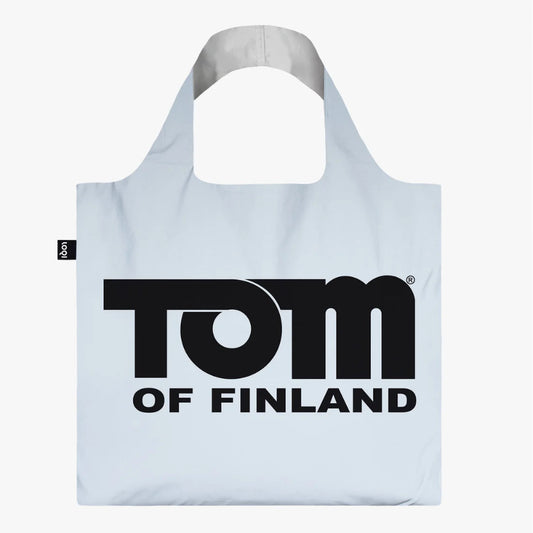 Light blue tote bag with 'Tom of Finland' logo on a white background