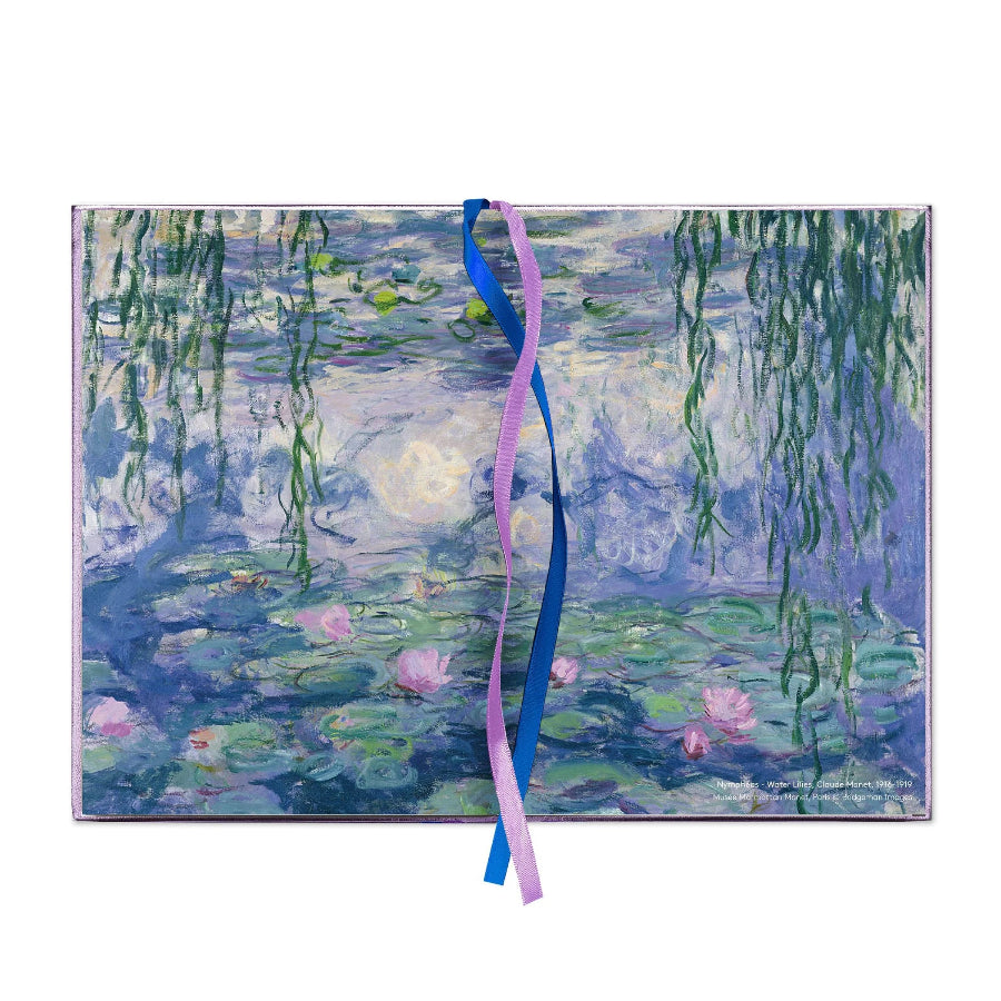 A rectangular art print or book-style cover featuring Claude Monet's 'Water Lilies' painting, with green willow leaves, blue and purple water, pink lotus flowers, and two hanging ribbons in blue and lavender against a white background.