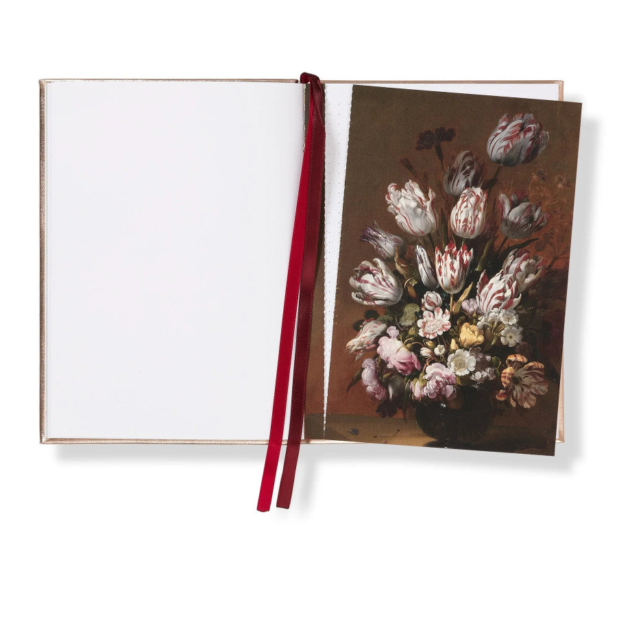 An open greeting card or notebook with a blank white left page and a floral still life print on the right page, tied with a red ribbon bookmark, on a white background.