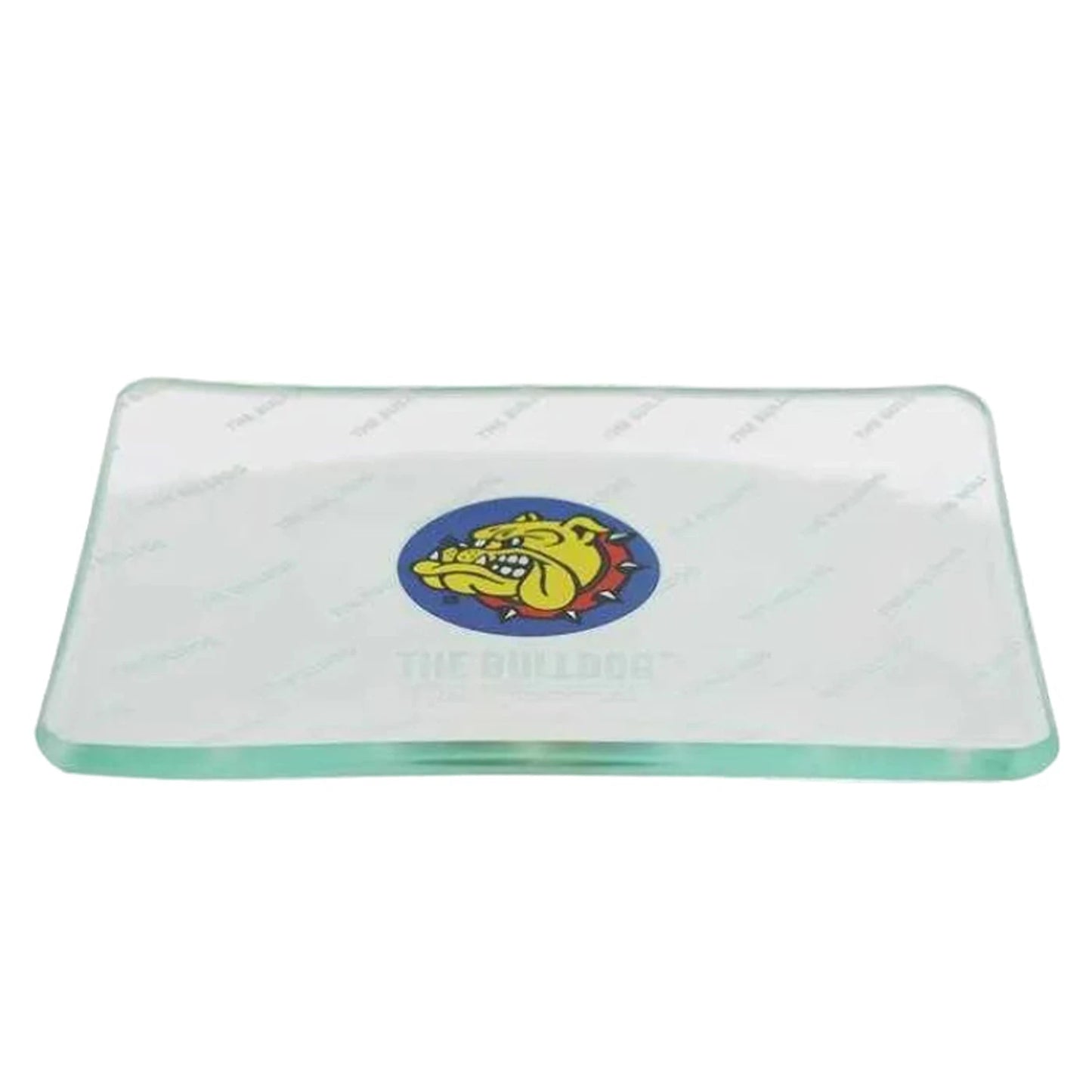 Shatterproof glass rolling tray from The Bulldog head design 