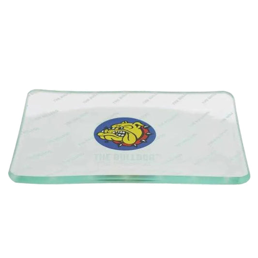Shatterproof glass rolling tray from The Bulldog head design 