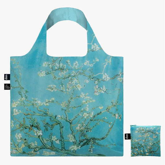 Reusable shopping bag with floral design on a blue background