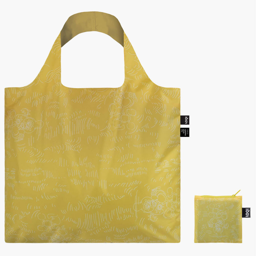 Yellow reusable shopping bag with a small matching pouch on a white background