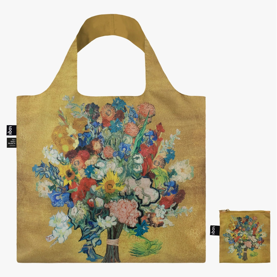 Foldable tote bag with floral design on a white background