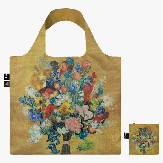 Foldable tote bag with floral design on a white background