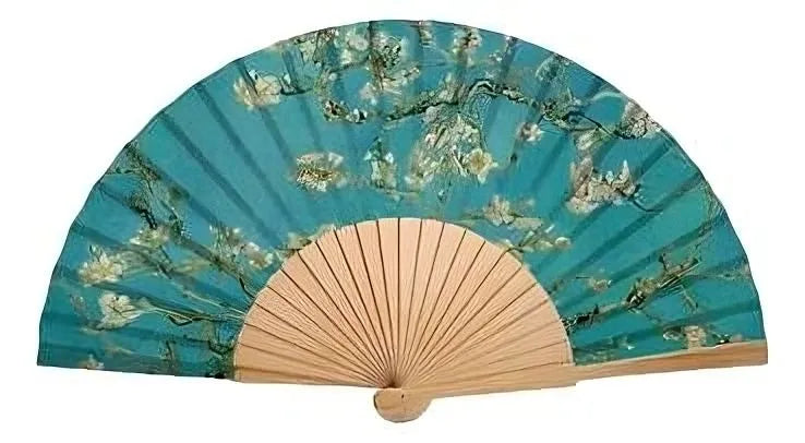 Handheld fan with floral design on a blue background