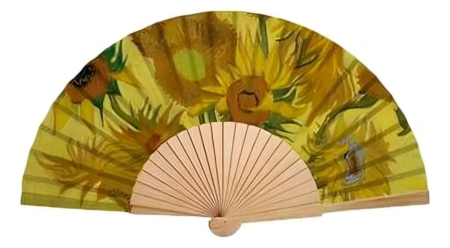 Handheld fan with sunflower design on a yellow background
