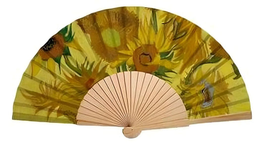Handheld fan with sunflower design on a yellow background