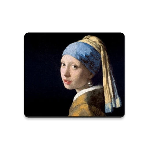 Mousepad artwork of a classical painting of a woman with a pearl earring on a white background. Mousepad