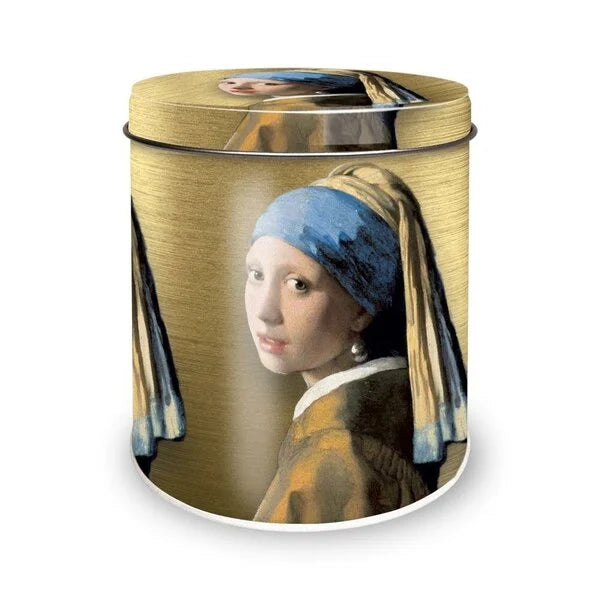 Tin canister with 'Girl with a Pearl Earring' design on a white background