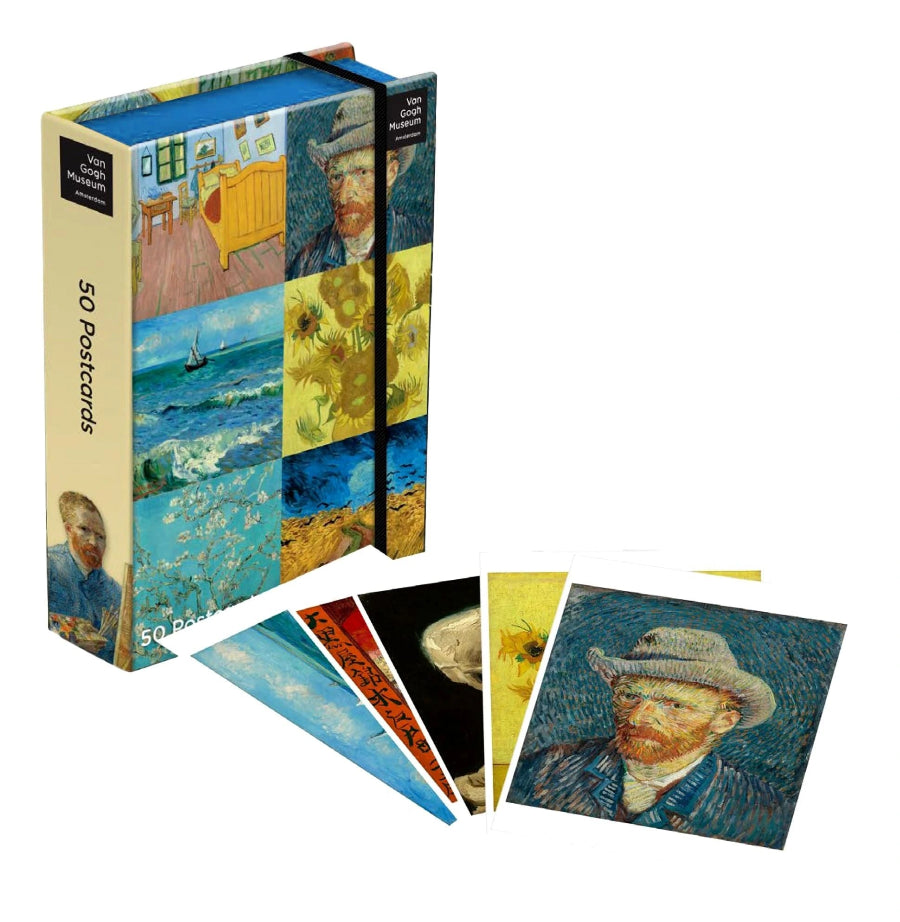 Van Gogh postcard set with a box featuring his artwork on a white background