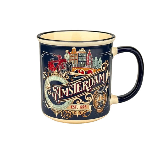 Small blue vintage mug with Amsterdam city ornaments compact gift mug