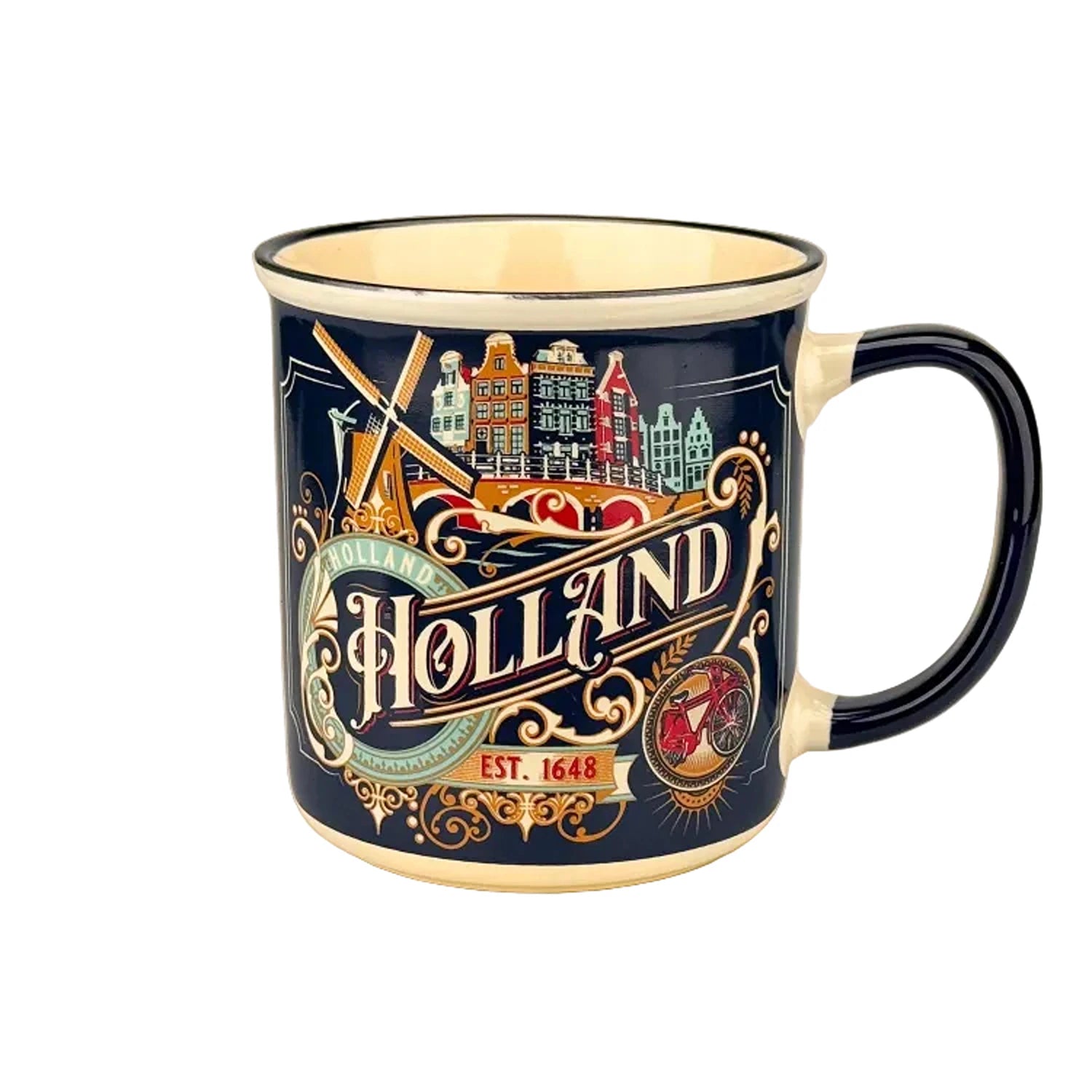 Blue vintage mug with Holland city ornaments windmills and canal houses