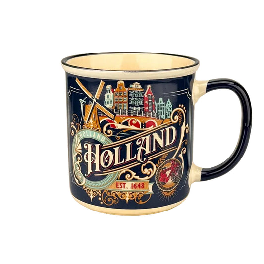 Blue vintage mug with Holland city ornaments windmills and canal houses