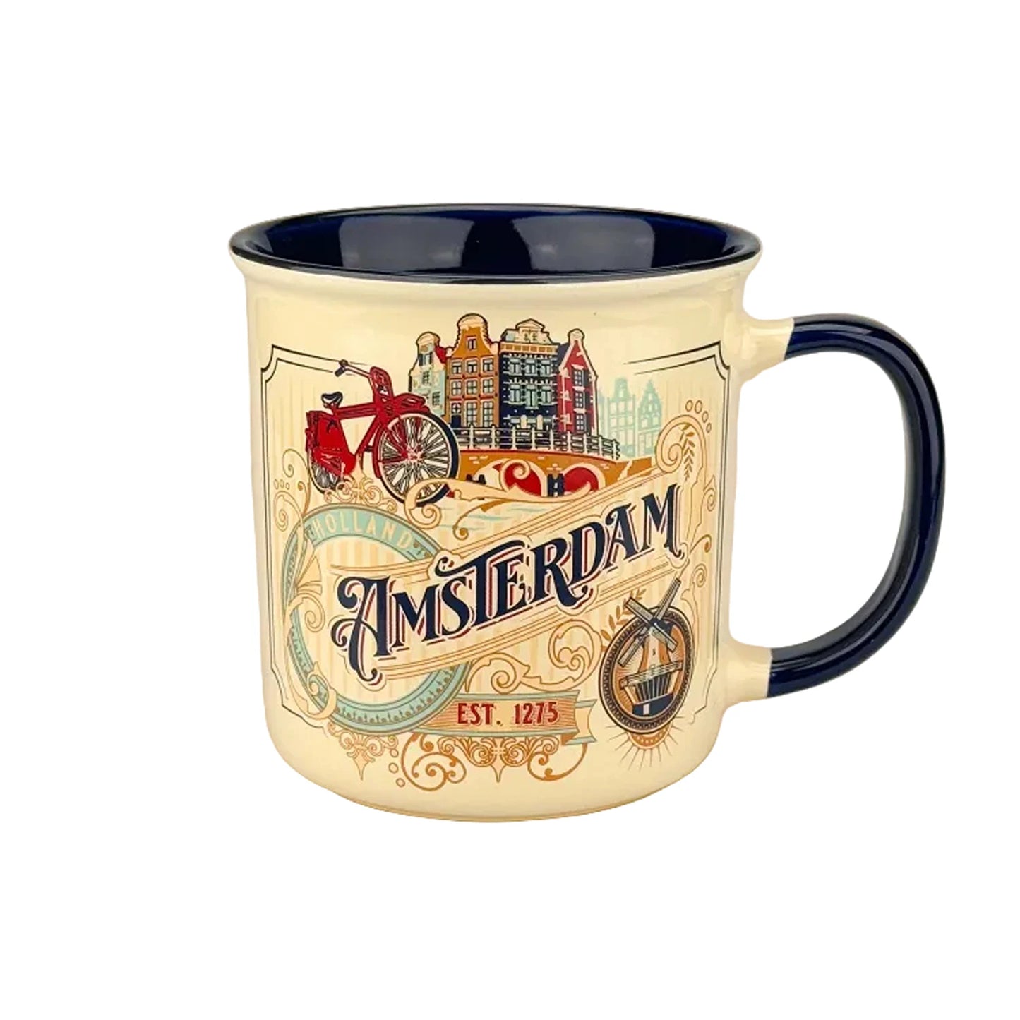 Yellow vintage mug with Amsterdam city ornaments bicycles and canal houses