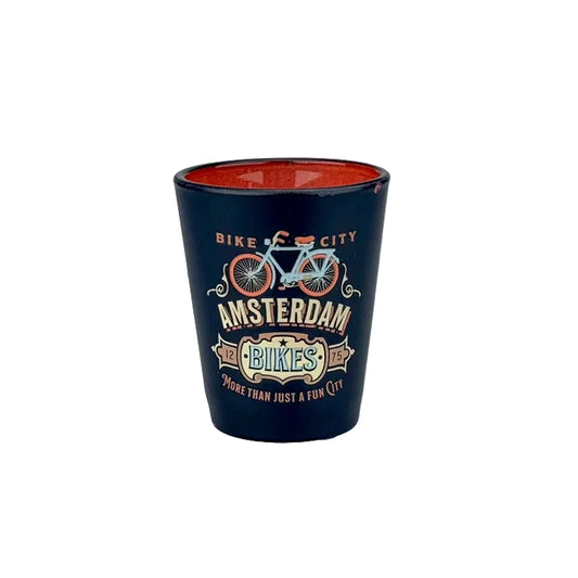 Blue vintage shot glass with Amsterdam bicycle design classic style