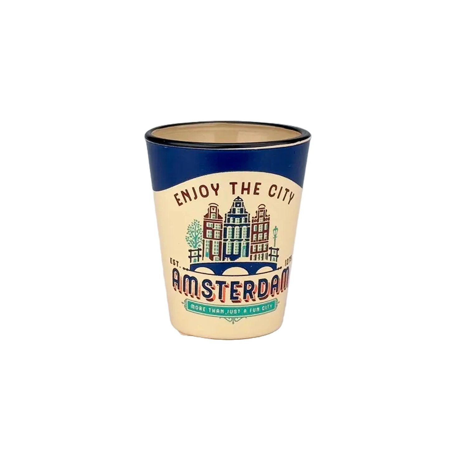 Blue vintage shot glass enjoy the city Amsterdam canal houses