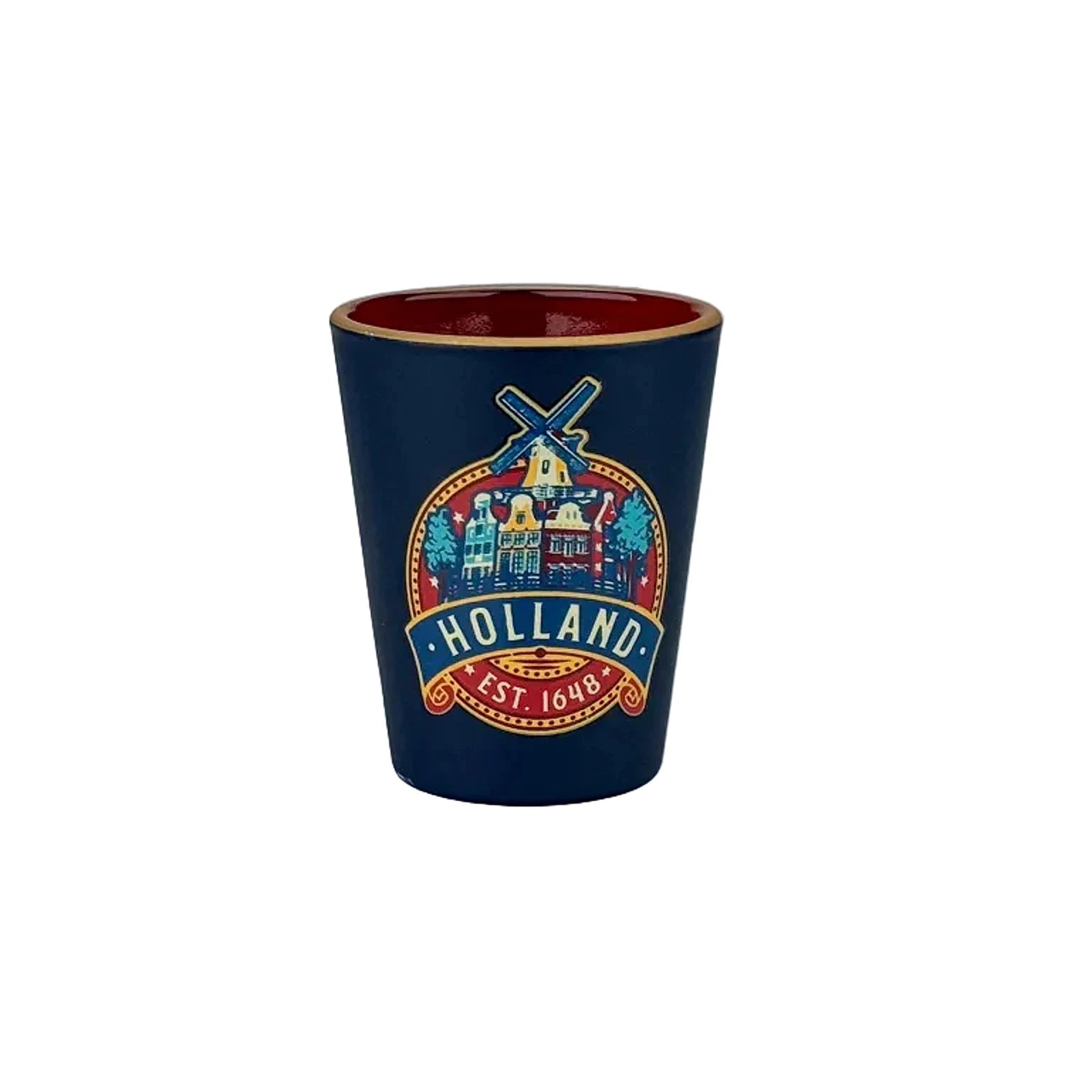 Blue vintage shot glass with Holland round label windmills and canal houses