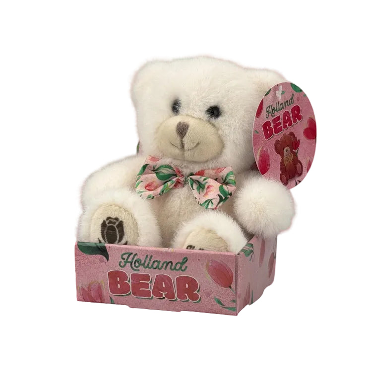 White plush teddy bear with pink tulip bow in matching gift box