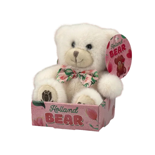 White plush teddy bear with pink tulip bow in matching gift box