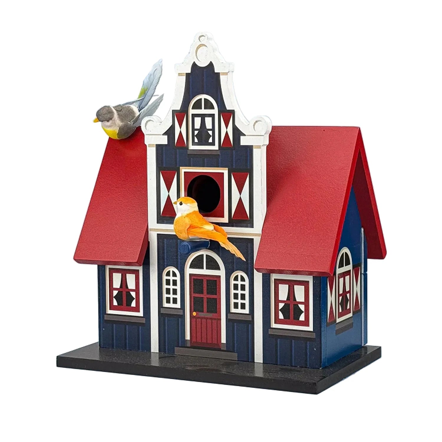 Blue wooden birdhouse inspired by Dutch cross gable houses garden decoration