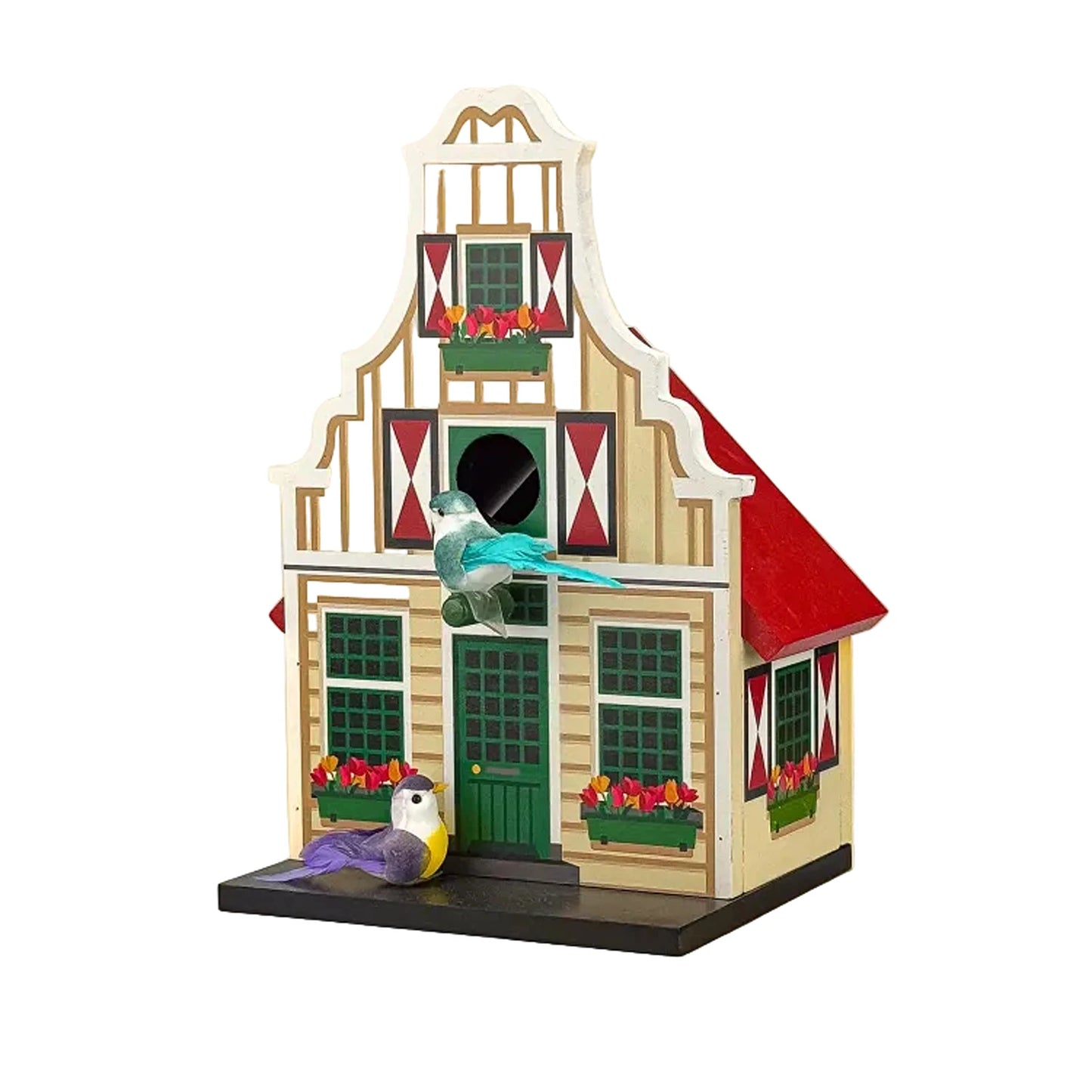 Green wooden birdhouse inspired by Dutch canal houses decorative garden item