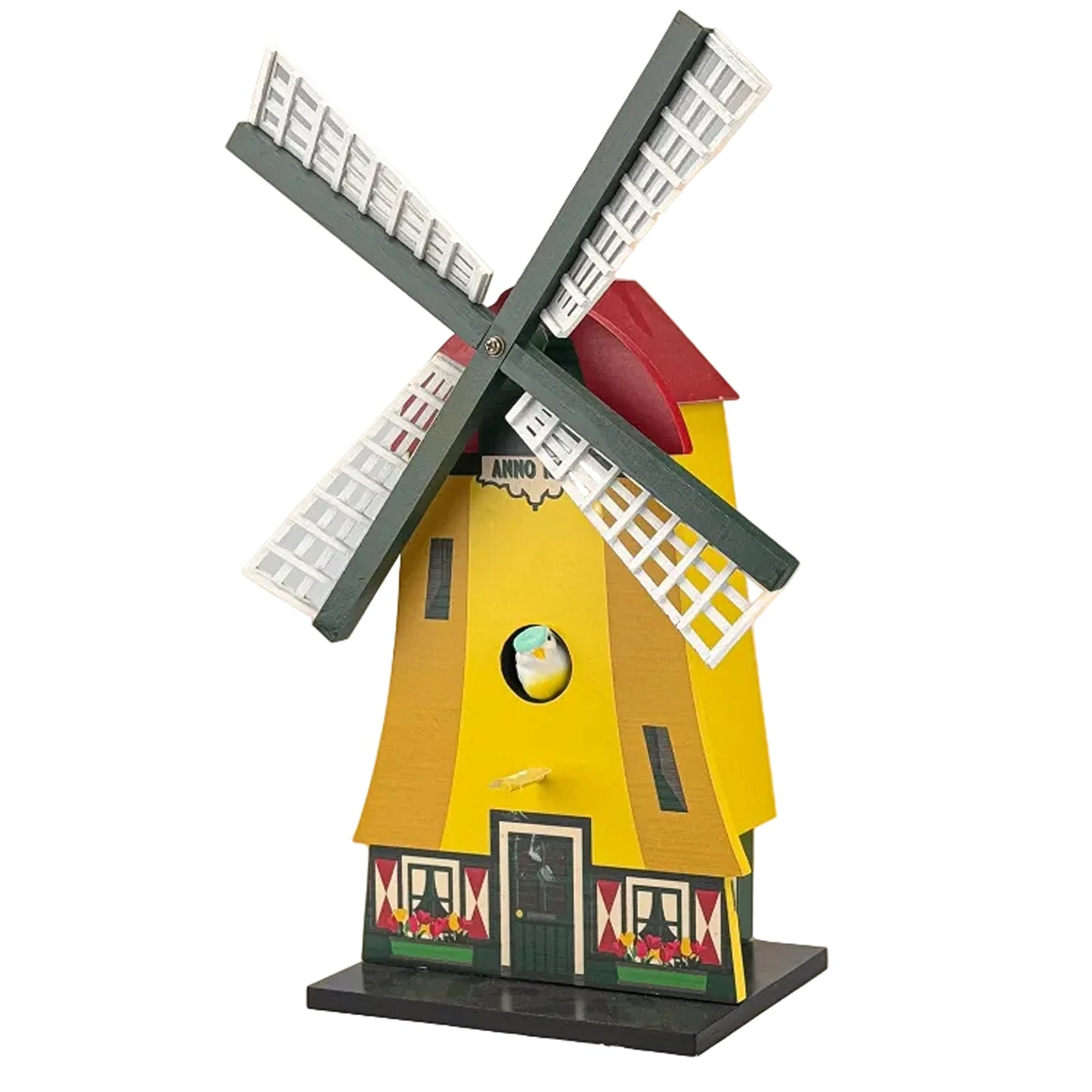 Yellow wooden birdhouse shaped like a Dutch polder windmill garden decoration