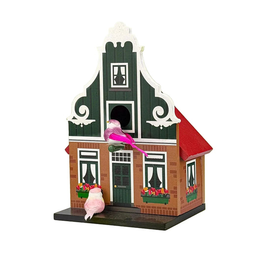 Green wooden birdhouse inspired by Zaanse clock gable houses Dutch garden decor