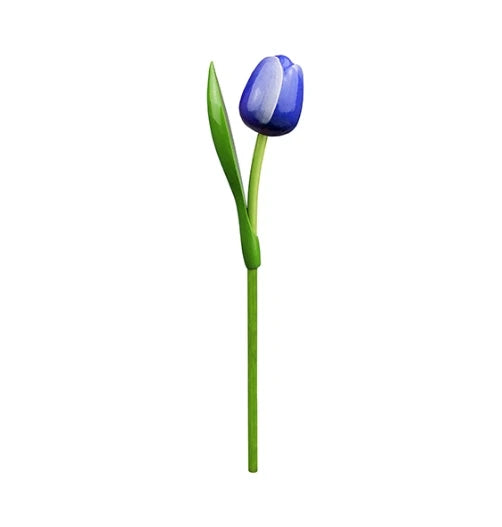Blue tulip with a green stem on a white background