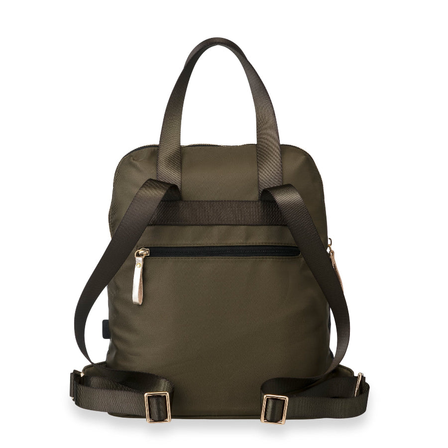 An olive green backpack with dark brown handles and straps, featuring gold-tone hardware, shown against a plain white background.