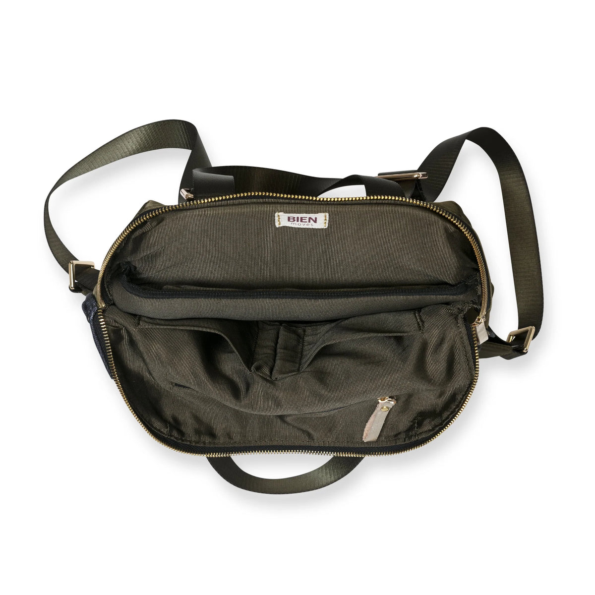 An open black crossbody bag with a wide shoulder strap, showing its interior compartments, zippered pockets, and a small 'BIEN' brand label on the front.