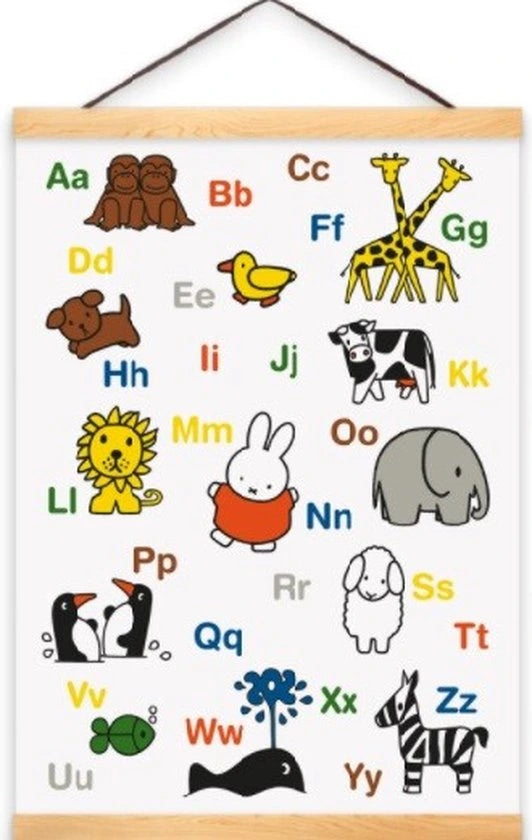 Alphabet chart with animals and letters on a white background