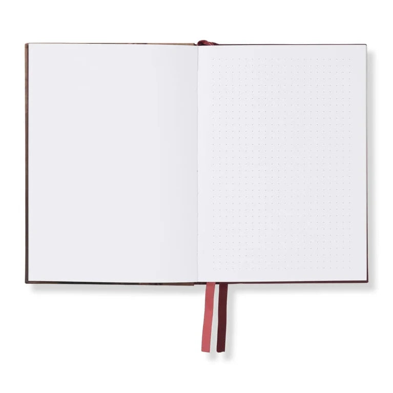 An open notebook with blank white pages on the left and a dotted grid page on the right, shown against a plain white background with a thin dark cover edge and two ribbon bookmarks in pink and burgundy.