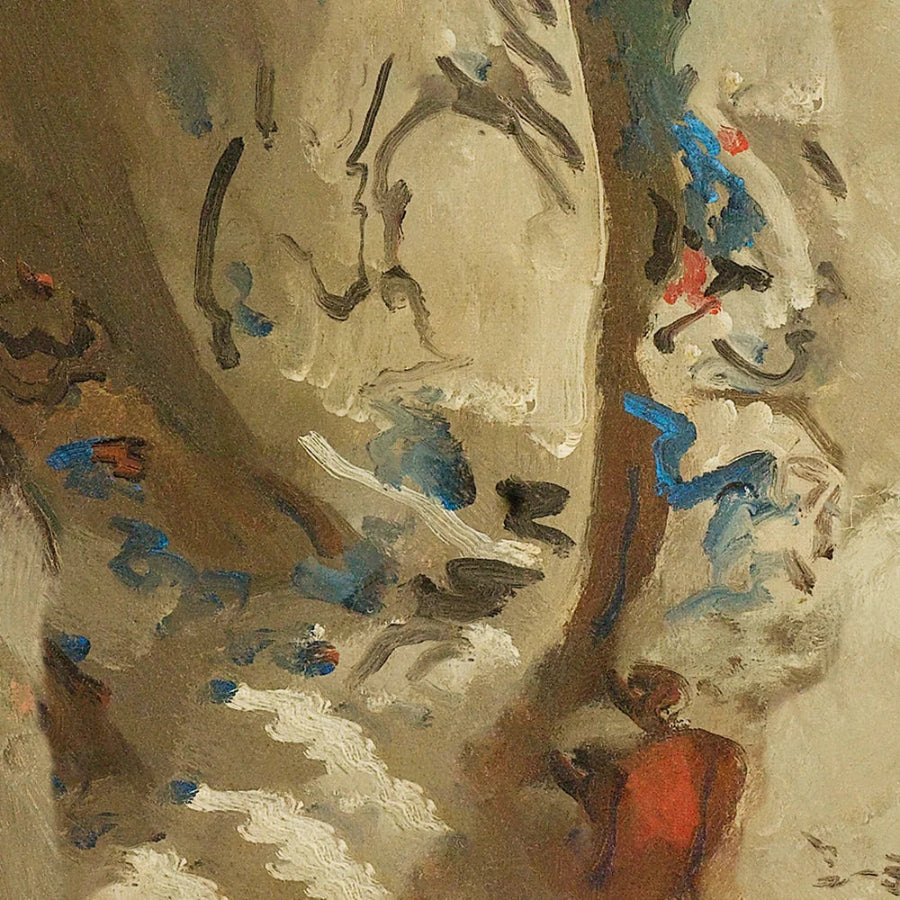 Abstract painting depicting a snowy landscape with tree trunks, white brushstrokes, and accents of blue, red, and brown on a beige background.
