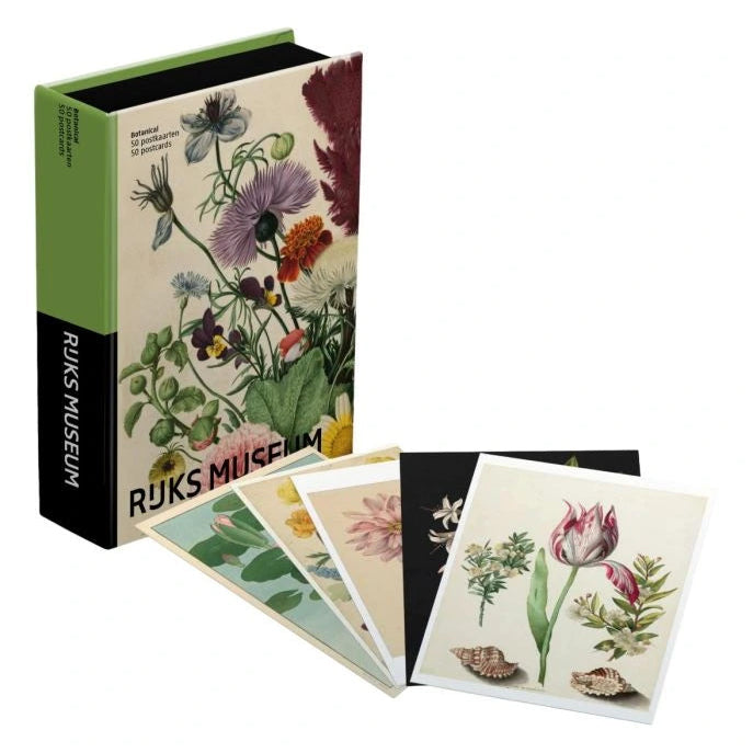 Floral design book with open pages displaying illustrations, featuring 'Rijksmuseum' branding.